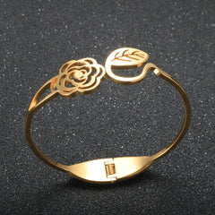 Hollow Rose Flower Opening Bangle Engraved Leaf Shape Bracelet Jewelry - Guangzhou Mingshixuan Jewellery CO.,Ltd