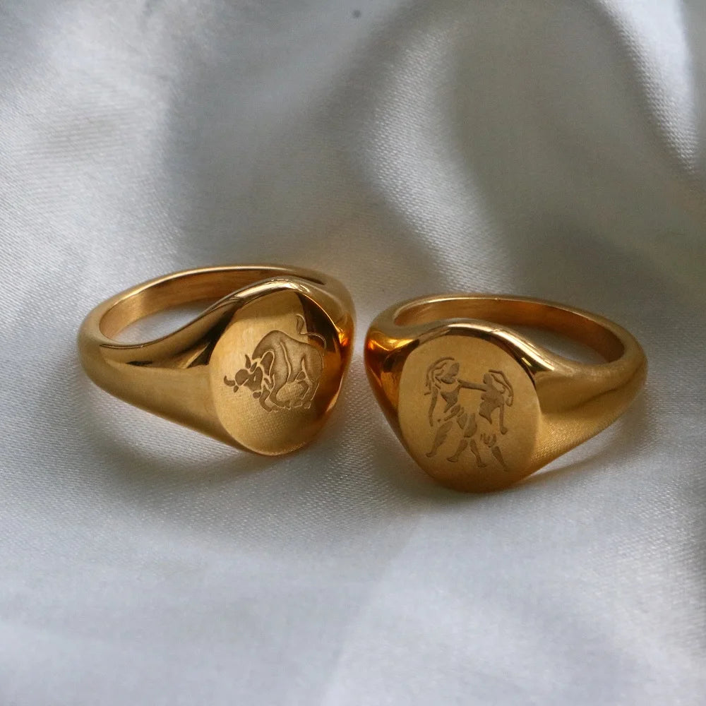 12 Zodiac Rings Aries Taurus Gemini Cancer Virgo Libra Customized Engraved Signet Rings - Guangzhou Mingshixuan Jewellery CO.,Ltd