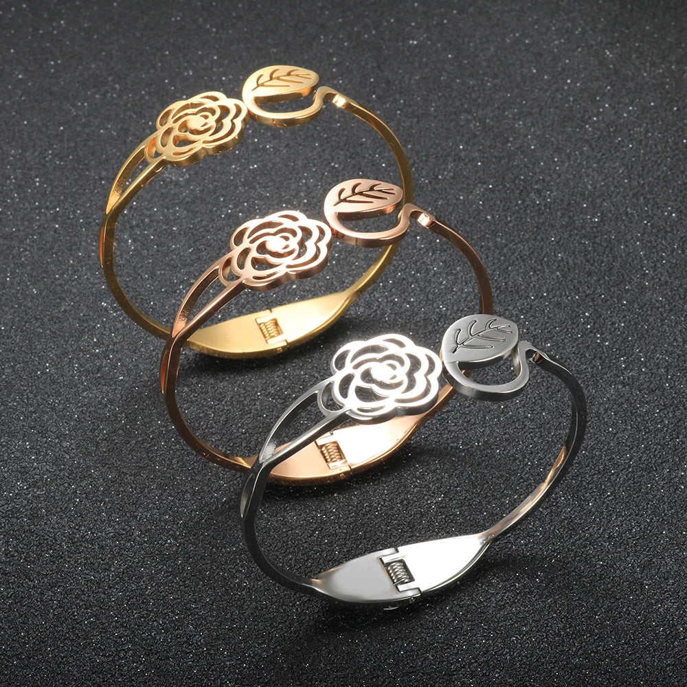 Hollow Rose Flower Opening Bangle Engraved Leaf Shape Bracelet  Jewelry - Guangzhou Mingshixuan Jewellery CO.,Ltd