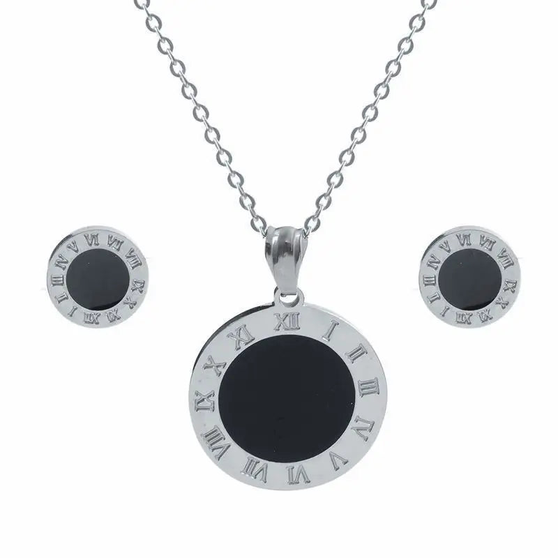 Black Round Roman Numerals Pendant Necklace Earrings Jewelry Set - Guangzhou Mingshixuan Jewellery CO.,Ltd