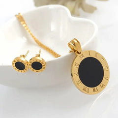 Black Round Roman Numerals Pendant Necklace Earrings Jewelry Set - Guangzhou Mingshixuan Jewellery CO.,Ltd