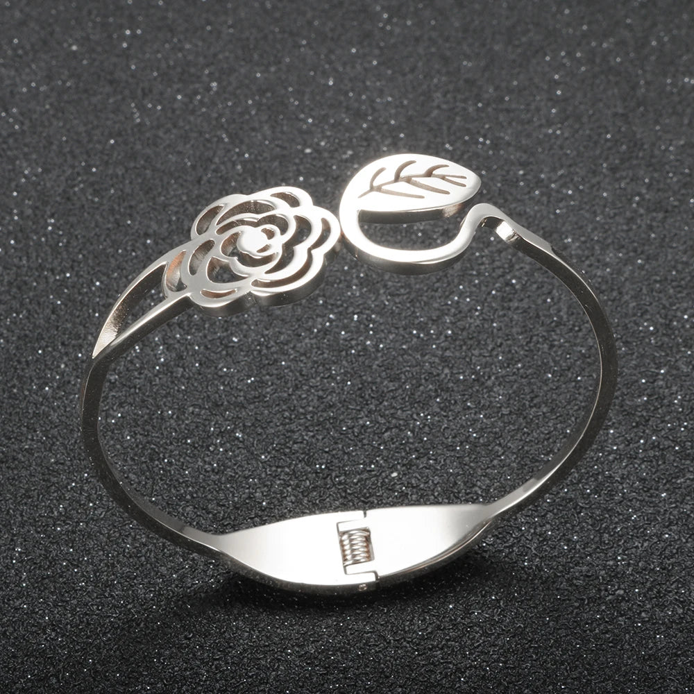 Hollow Rose Flower Opening Bangle Engraved Leaf Shape Bracelet  Jewelry - Guangzhou Mingshixuan Jewellery CO.,Ltd