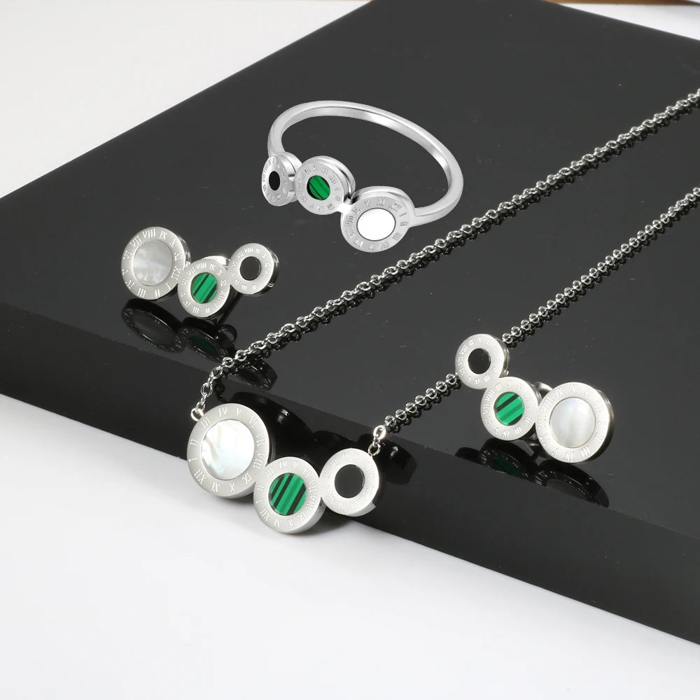 Roman Numeral Jewelry Sets Malachite Black/White Stud Earring & Necklace & Ring - Guangzhou Mingshixuan Jewellery CO.,Ltd