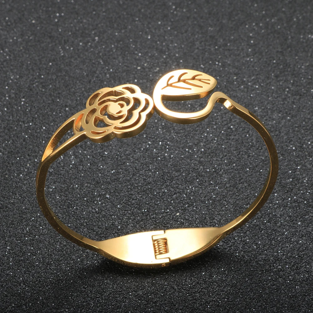 Hollow Rose Flower Opening Bangle Engraved Leaf Shape Bracelet  Jewelry - Guangzhou Mingshixuan Jewellery CO.,Ltd