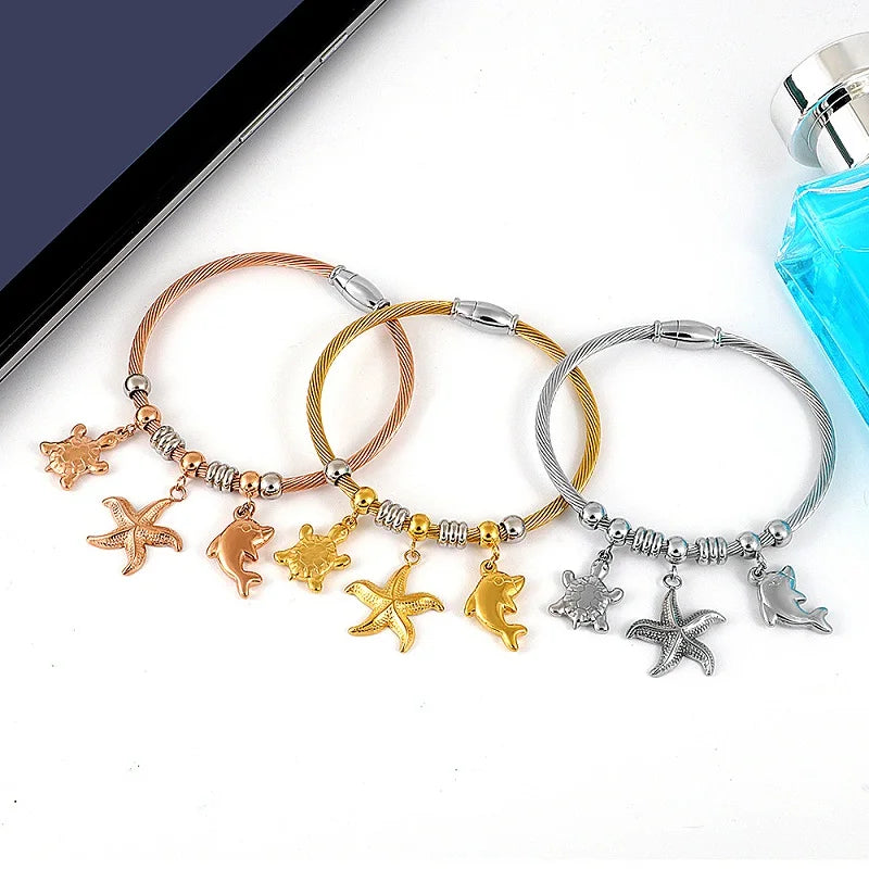 Cute Tortoise Starfish Dolphin Charm Bracelets Bangles