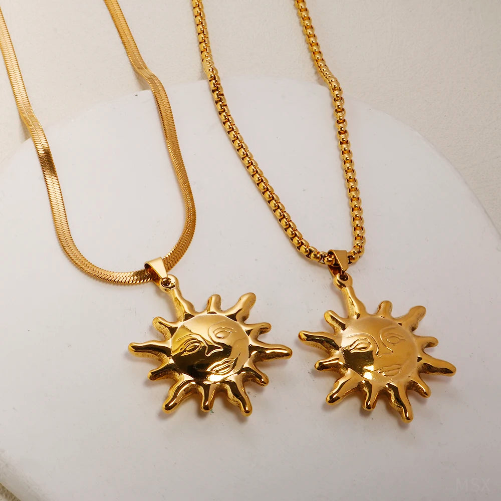 Gold Color 316 L Stainless Steel Sun Pendant Necklace Hip Hop Rock Fashion Choker Necklace