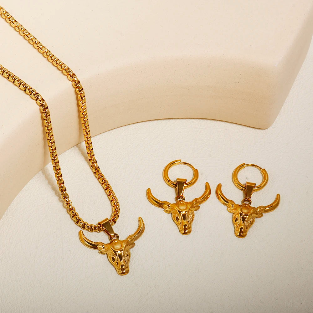 Gothic Hip Hop Gold Color Bullhead Pendant Necklace Earring - Guangzhou Mingshixuan Jewellery CO.,Ltd