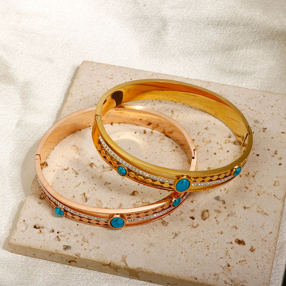 Trendy Bracelet Irregular Round Turquoise Crystal Bangle Waterproof Stainless Steel Gold Color Jewelry - Guangzhou Mingshixuan Jewellery CO.,Ltd