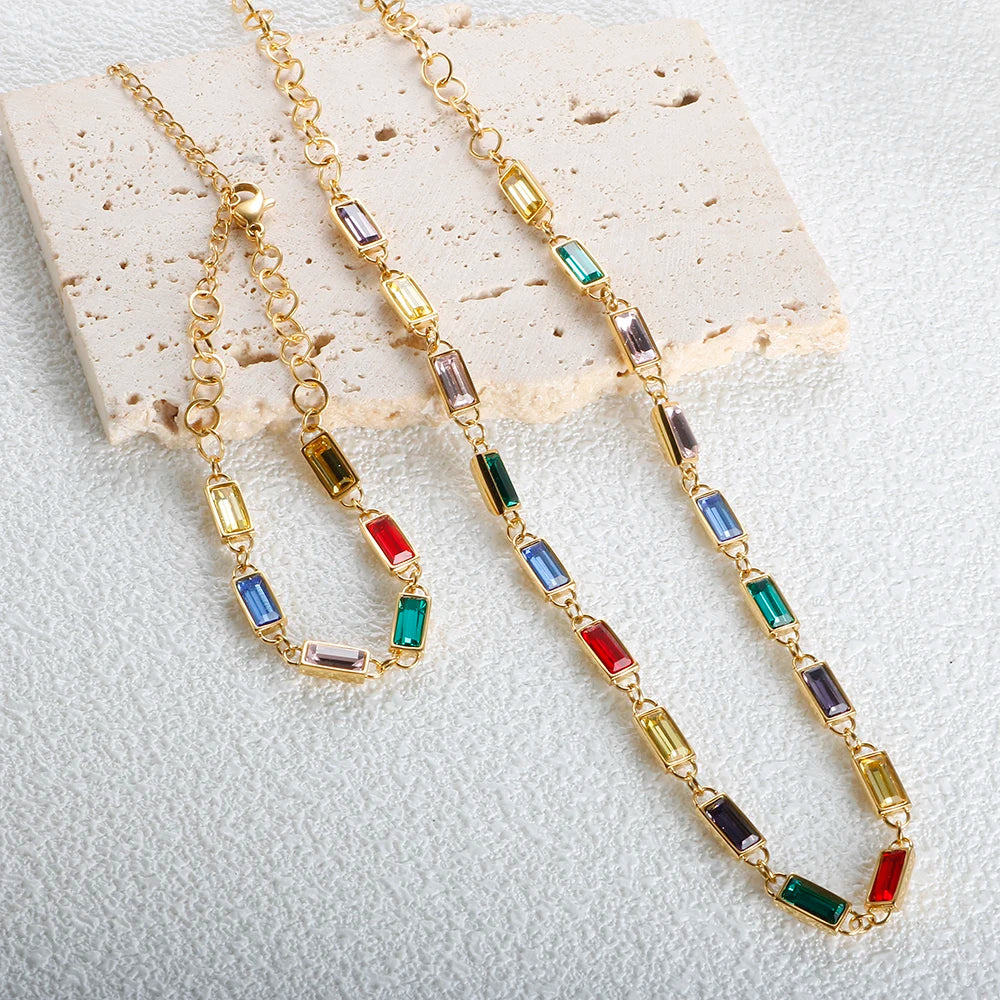 Colorful Crystal Rectangle Pendant Necklace Set Rainbow Cz Bracelet - Guangzhou Mingshixuan Jewellery CO.,Ltd