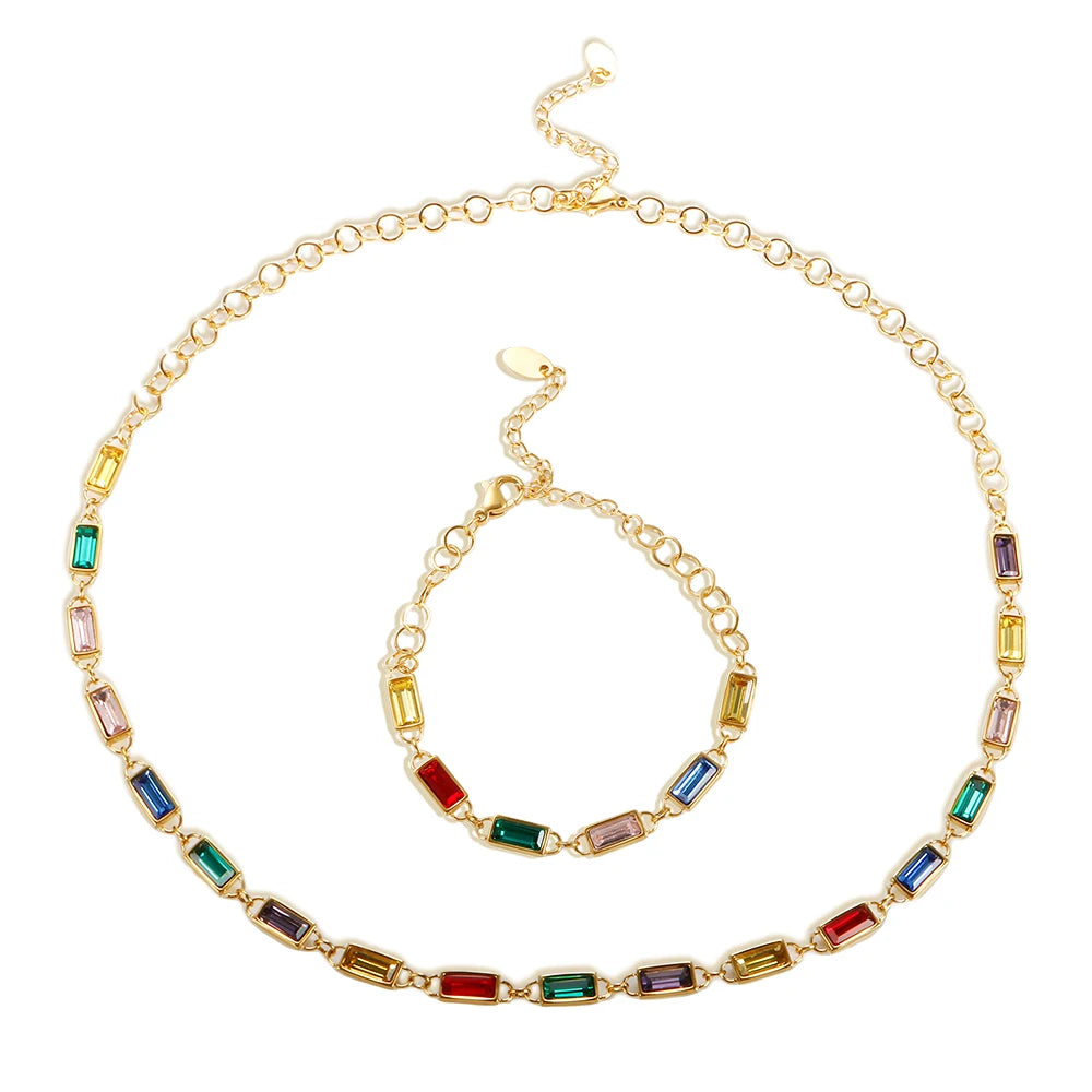 Colorful Crystal Rectangle Pendant Necklace Set Rainbow Cz Bracelet - Guangzhou Mingshixuan Jewellery CO.,Ltd