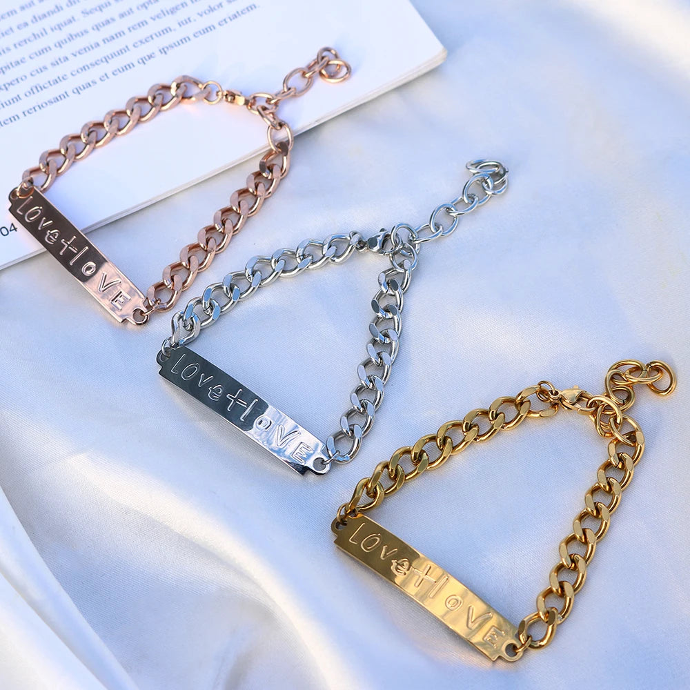 Stainless Steel Minimalist Gold Plated Love Engraved Chain Link Women Bracelets Jewelry