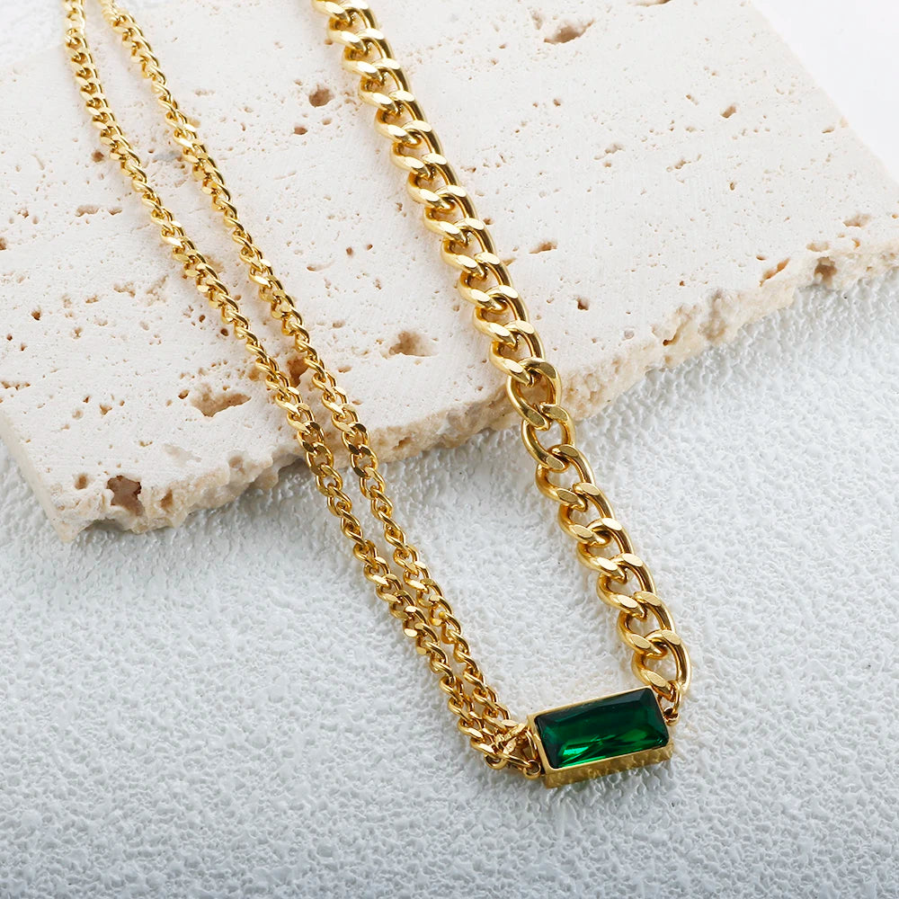 Stainless Steel Fashion Link Chain Necklace Exquisite Green Zircon Crystal Charm Necklace Jewelry