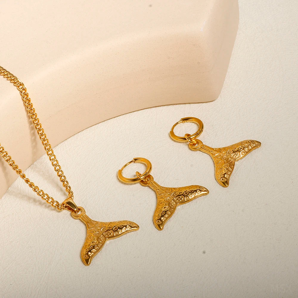 Dolphin Tail Leaf Texture Pendant Earrings Necklace Jewelry Set - Guangzhou Mingshixuan Jewellery CO.,Ltd