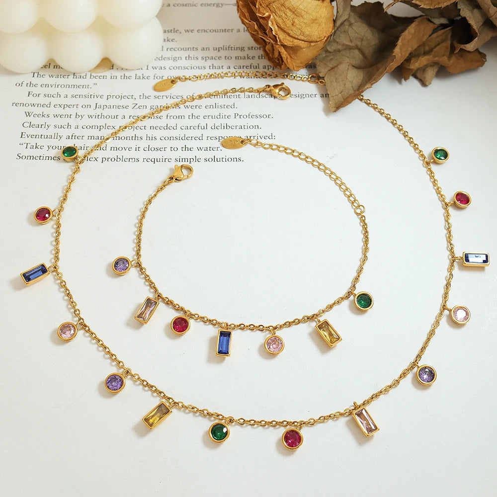 Rainbow Luxury Necklace Colorful Zircon Charm Bracelet Jewelry Set - Guangzhou Mingshixuan Jewellery CO.,Ltd