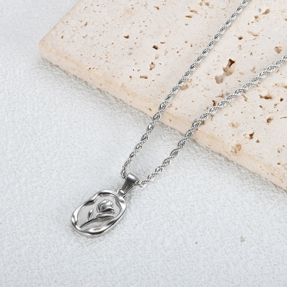 Square Rose Pendant Necklace Fashion Stainless Steel Carved Metal Waterproof Charm Chain Necklace - Guangzhou Mingshixuan Jewellery CO.,Ltd