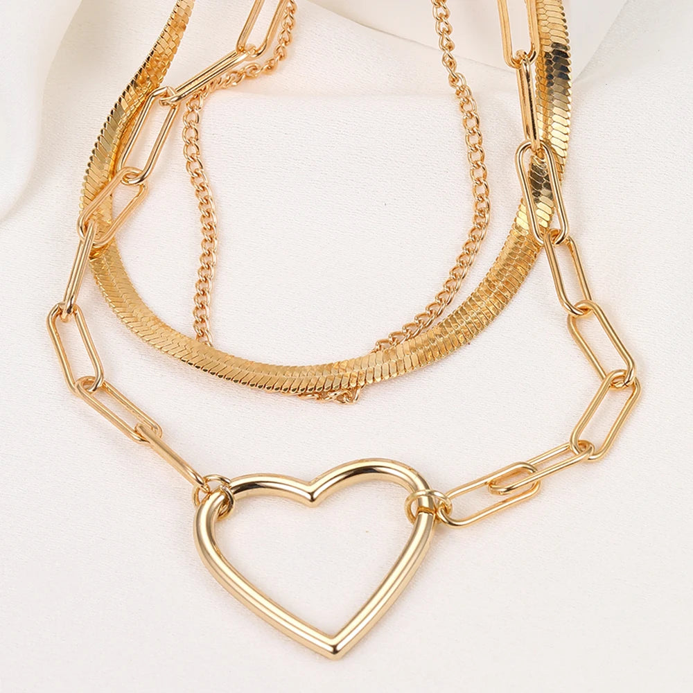 Fashion Heart Necklace Gold Color Multilayer Clavicle Chain for Women Girls Pole-Chain New Trend Jewelry Party Gifts Trendy