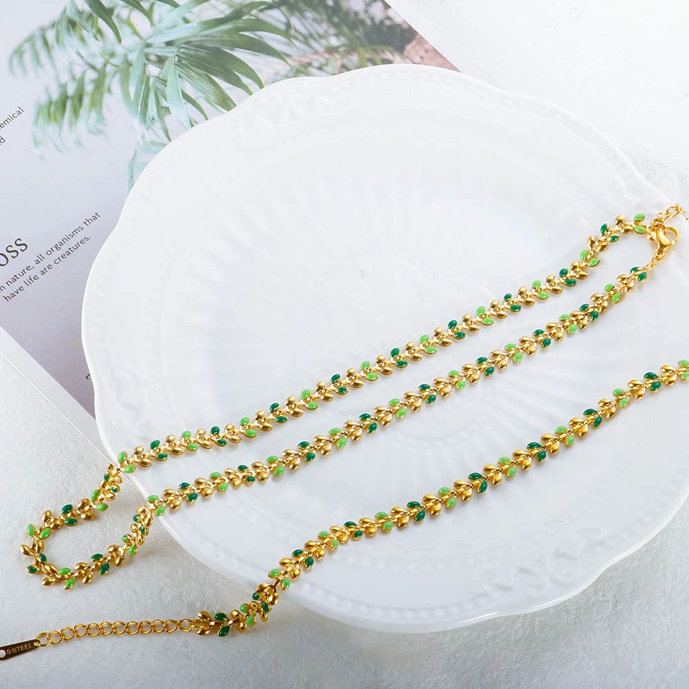 Necklace Bracelet Set 18K Gold Plated Green Drip Oil Olive Leaves Jewelry - Guangzhou Mingshixuan Jewellery CO.,Ltd