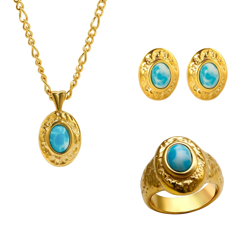 Vintage Inlaid Sapphire Turquoise Pendant Necklace Earring Ring - Guangzhou Mingshixuan Jewellery CO.,Ltd