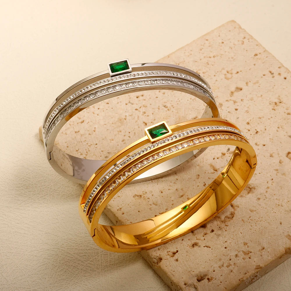 Green White Rhinestone Deluxe Wide Bangle - Guangzhou Mingshixuan Jewellery CO.,Ltd