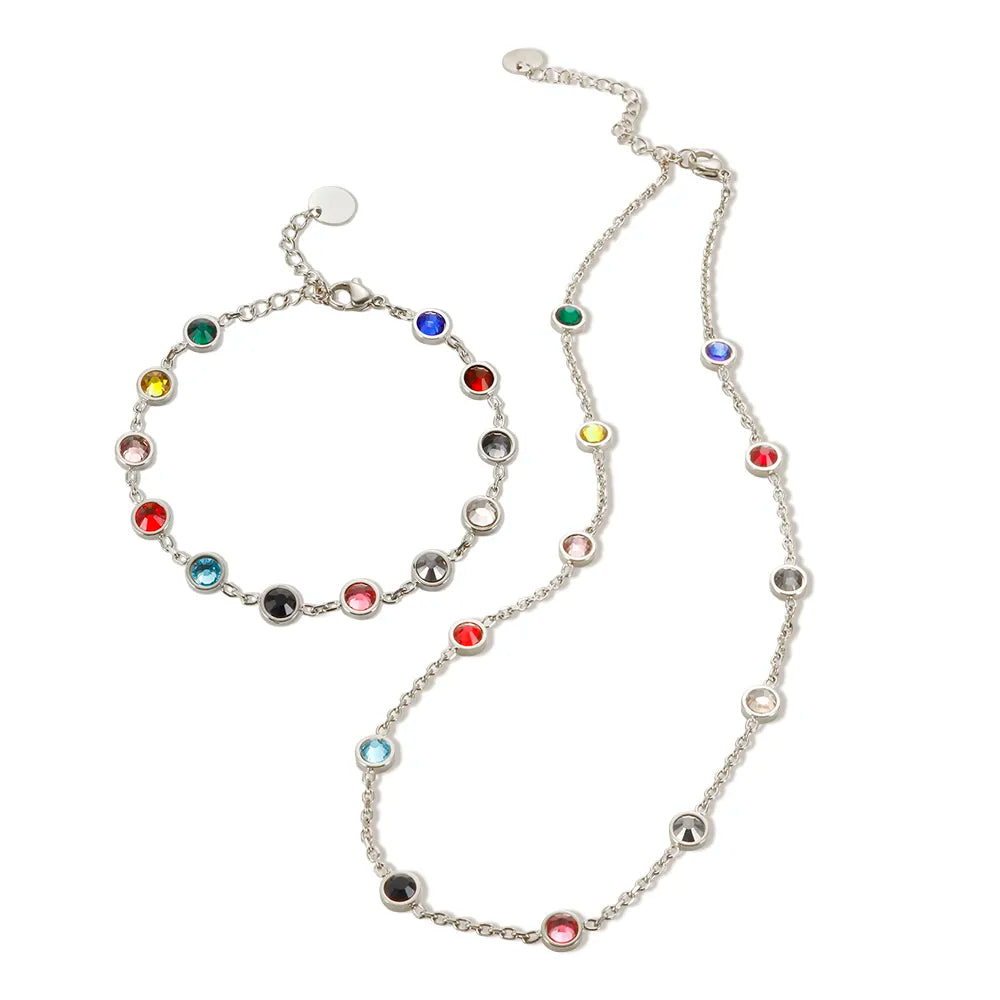 Bracelet Necklace Jewelry Set for Women Stainless Steel 12 Birthday Stone Colorful Crystal Chain Bracelets - Guangzhou Mingshixuan Jewellery CO.,Ltd