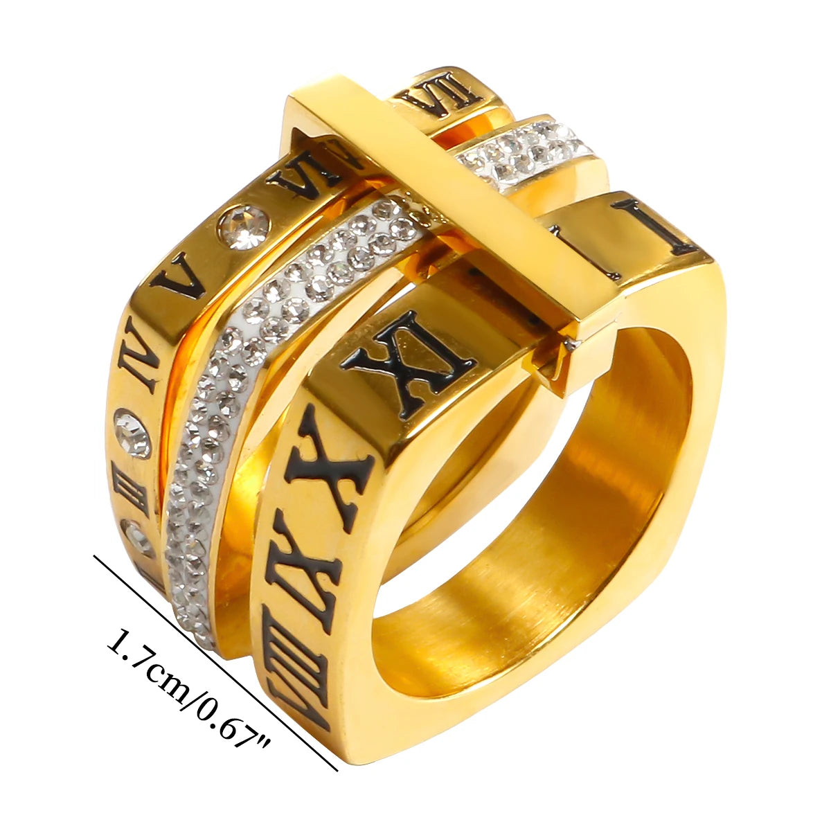 Three Layers Roman Numerals Square Luxury Stainless Steel Inlaid Zircon Finger Rings