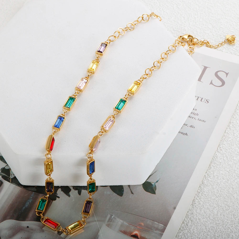 Colorful Crystal Rectangle Pendant Necklace Set Rainbow Cz Bracelet - Guangzhou Mingshixuan Jewellery CO.,Ltd