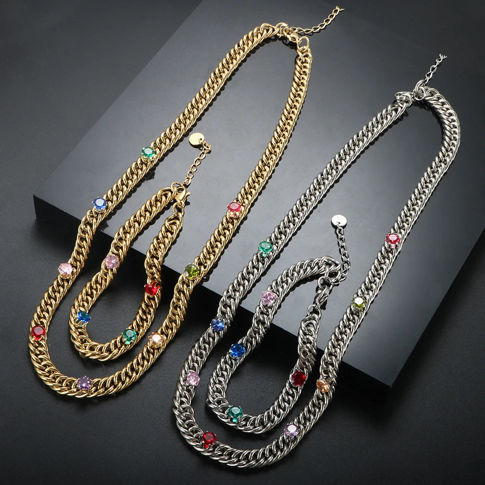 Colorful CZ Jewelry Set Mix Color Zircon Choker Necklace Crystal Link Chain - Guangzhou Mingshixuan Jewellery CO.,Ltd