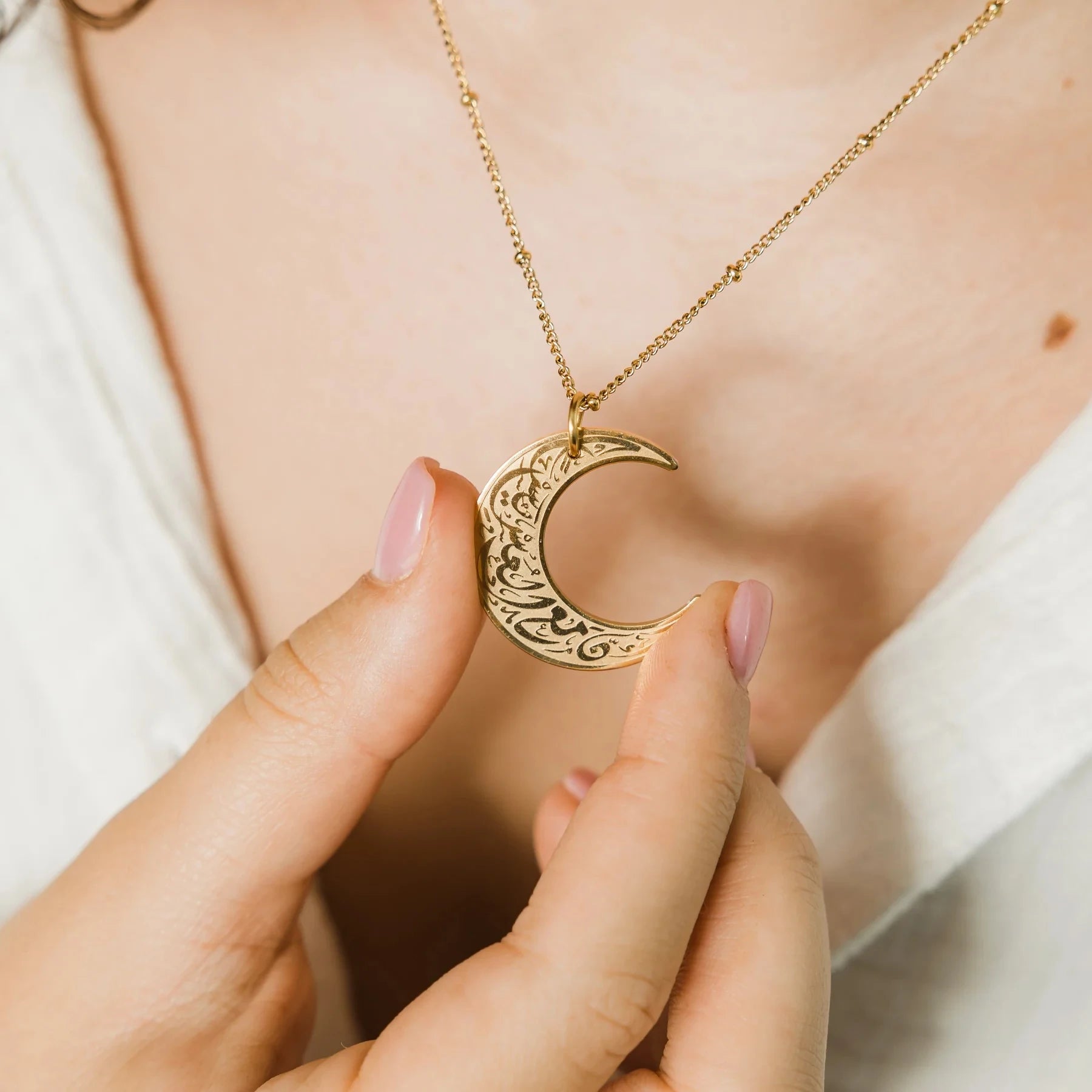 Verily with Every Hardship Comes Ease | Crescent Necklace Arabic Gold Muslim Religion Jewelry Spirit Prayer Allah Pendants Chain