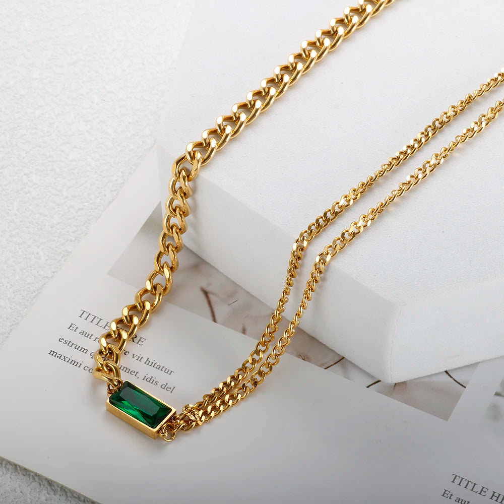 Stainless Steel Fashion Link Chain Necklace Exquisite Green Zircon Crystal Charm Necklace Jewelry