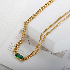 Stainless Steel Fashion Link Chain Necklace Exquisite Green Zircon Crystal Charm Necklace Jewelry