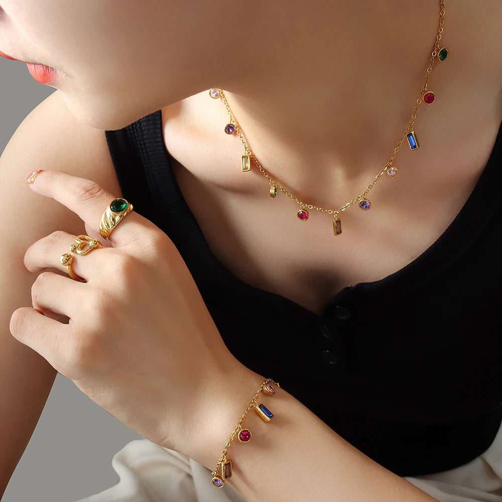 Rainbow Luxury Necklace Colorful Zircon Charm Bracelet Jewelry Set - Guangzhou Mingshixuan Jewellery CO.,Ltd