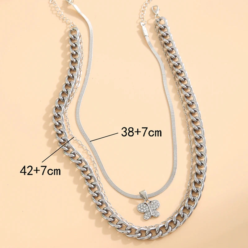 Butterfly Chain Necklaces Set Metal Silver Color Necklaces for Women Crystal Hollow Choker Trendy Jewelry Accessories 2022