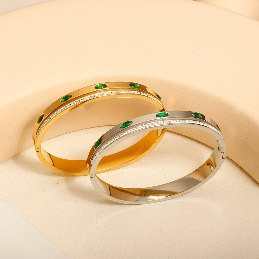 Luxury Green Crystal Inlaid Bracelet Couple Wide Bangle