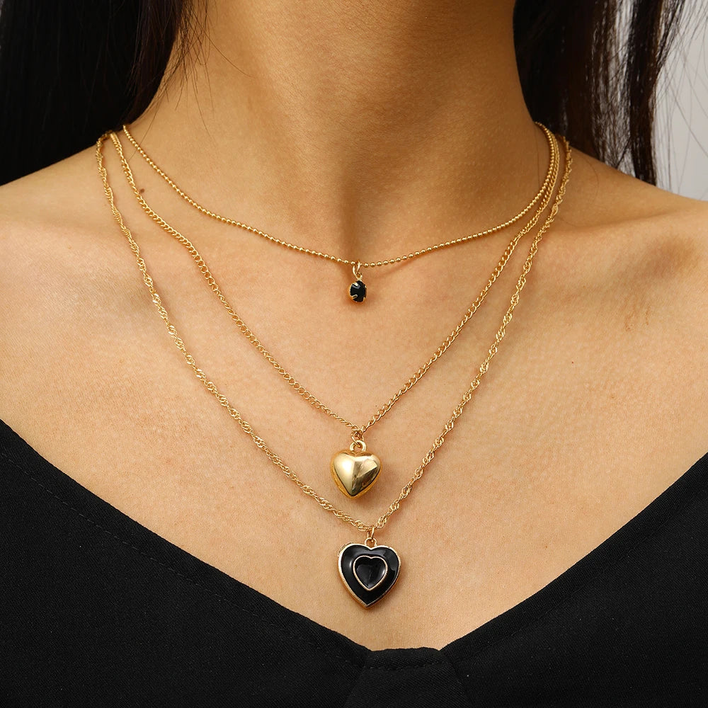 Black Heart Multilayer Necklace for Women Girls Fashion Gold Color Clavicle Necklace New Style Choker Trendy Jewelry Gifts