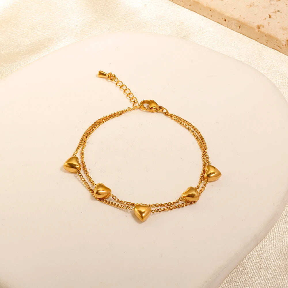 Gold Color Three-dimensional Heart-shaped Double Chain Bracelet Exquisite Jewelry