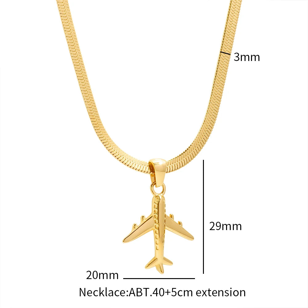 Aircraft Model Pendant Classic Snake Bone Chain Stainless Steel Necklace Textured Jewelry