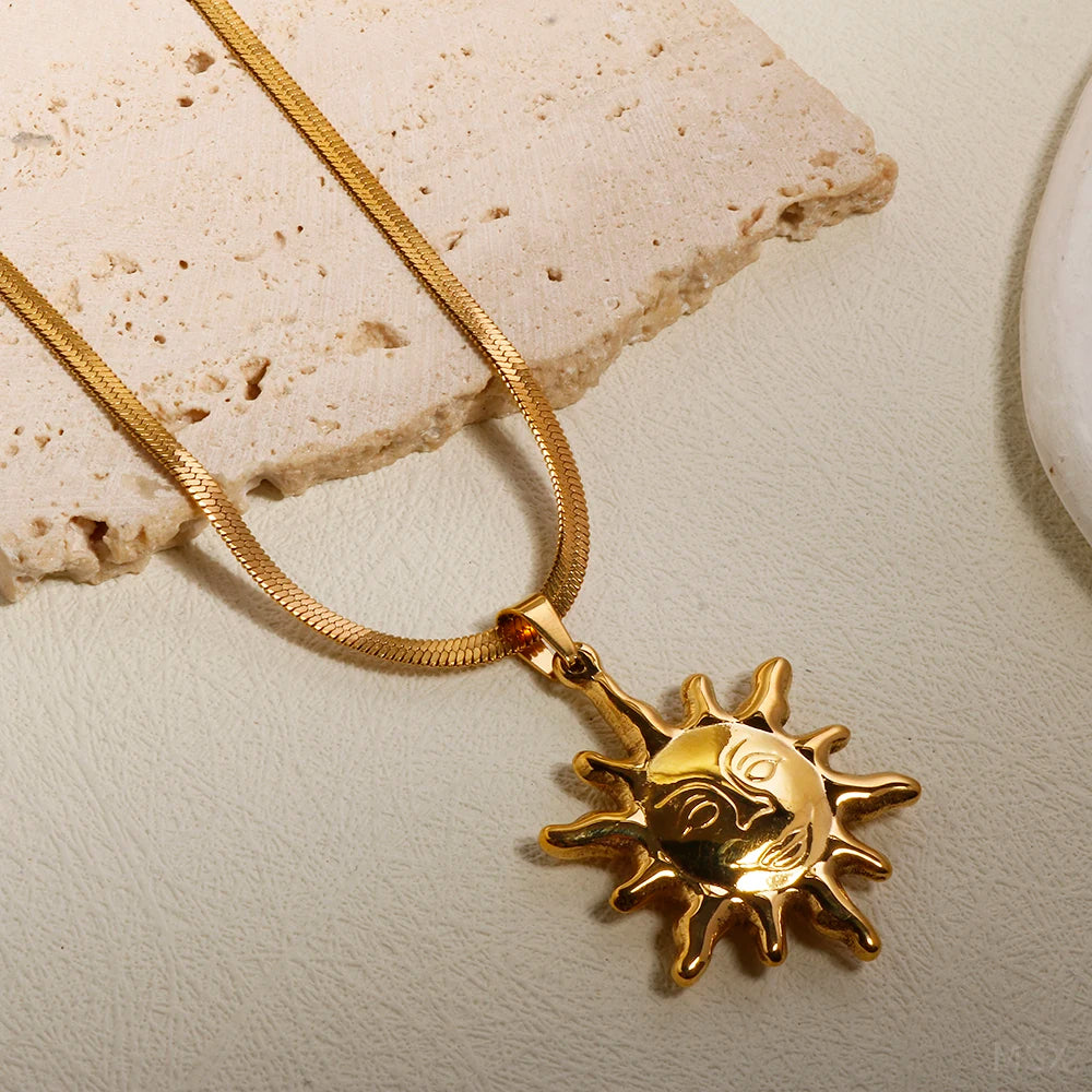 Gold Color 316 L Stainless Steel Sun Pendant Necklace Hip Hop Rock Fashion Choker Necklace