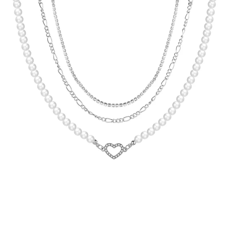 Fashion Silver Color Heart Chain Necklaces for Women Mutilayered Adjustable Choker Pearl Necklace 2023 New Trend Jewelry