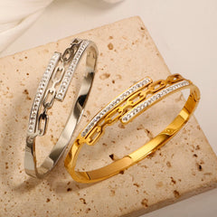 Two Row Crystal Stone Bangle Gold Plate Vintage Paper Clip Bracelet Jewelry