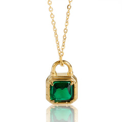 Lock Cylinder Stainless Steel Bling Green Crystal Pendant Necklace