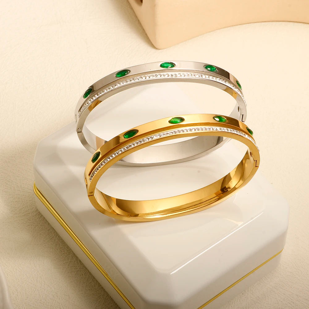 Luxury Green Crystal Inlaid Bracelet Couple Wide Bangle