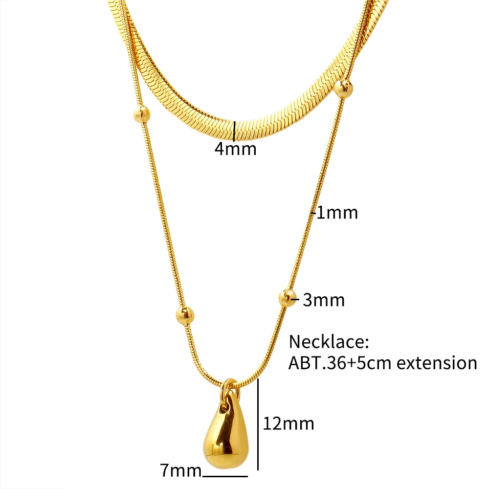 Water Droplet Pendant Necklace Classic Double Layer Snake Chain Necklace