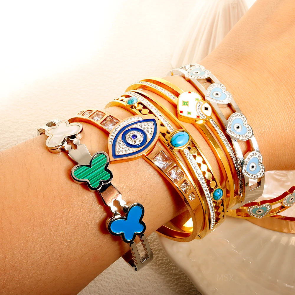 Heart Evil Eye Charm Bangles Hollow Crystal Enamel Bracelets Jewelry