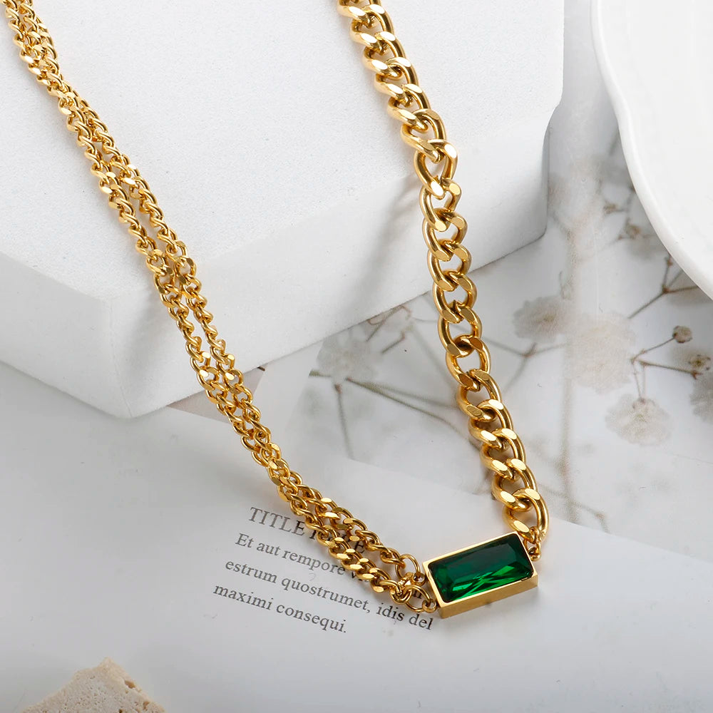 Stainless Steel Fashion Link Chain Necklace Exquisite Green Zircon Crystal Charm Necklace Jewelry