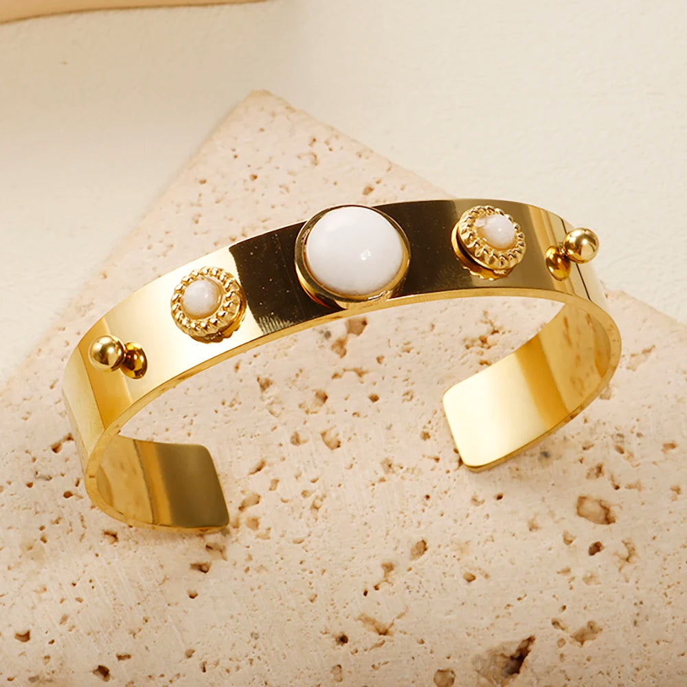 White Natural Stone Open Bracelet Luxury 18 k Gold Plated Bracelet