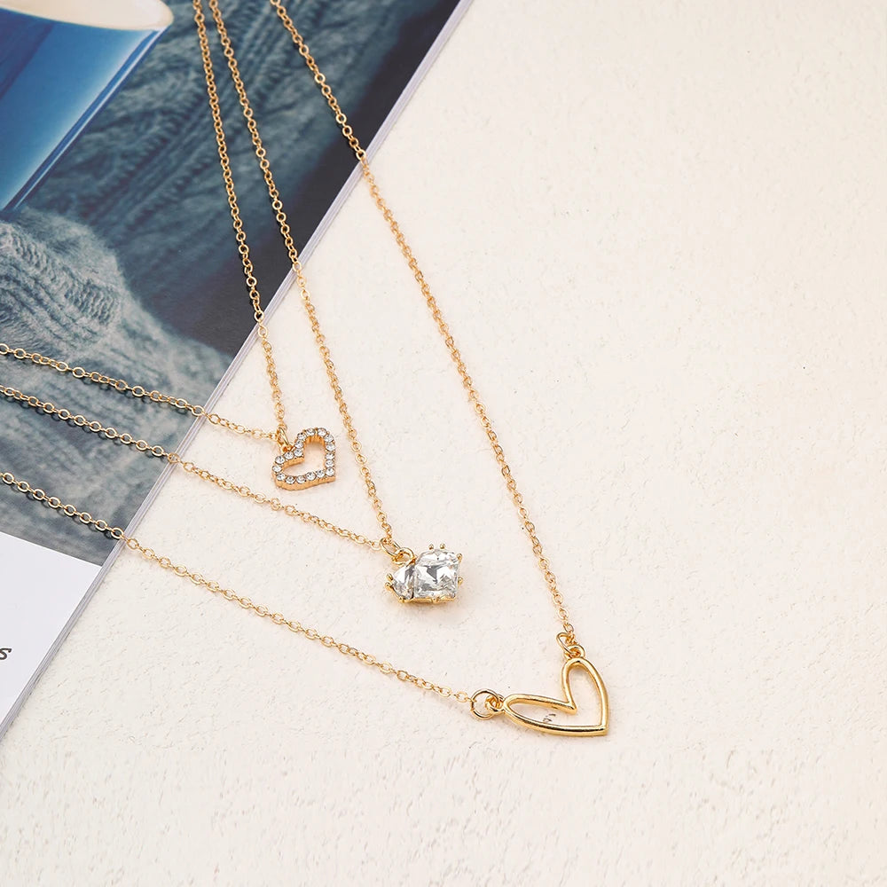 Zircon Heart Pendant Necklaces for Women Girls Gold Color Multilayer Clavicle Chain Necklaces New Fashion Trendy Jewelry