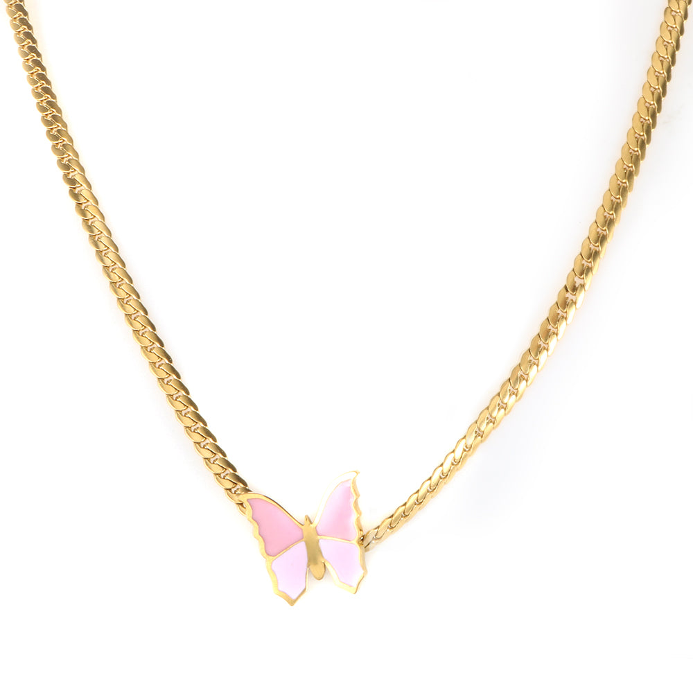 Green Pink Butterfly Cuban Chain Necklace - Guangzhou Mingshixuan Jewellery CO.,Ltd